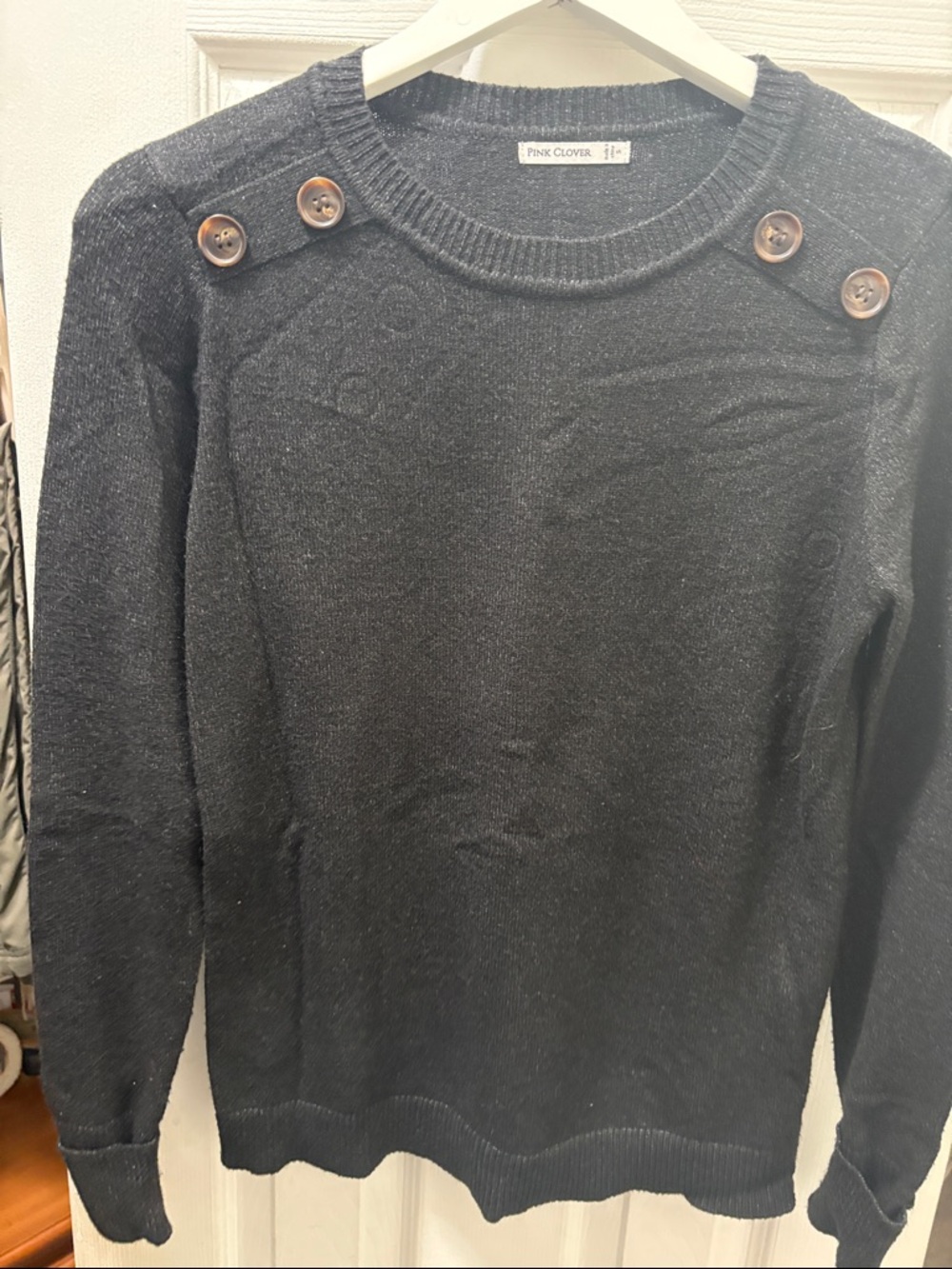 Pink Clover Gray Button-Shoulder Crewneck Sweater